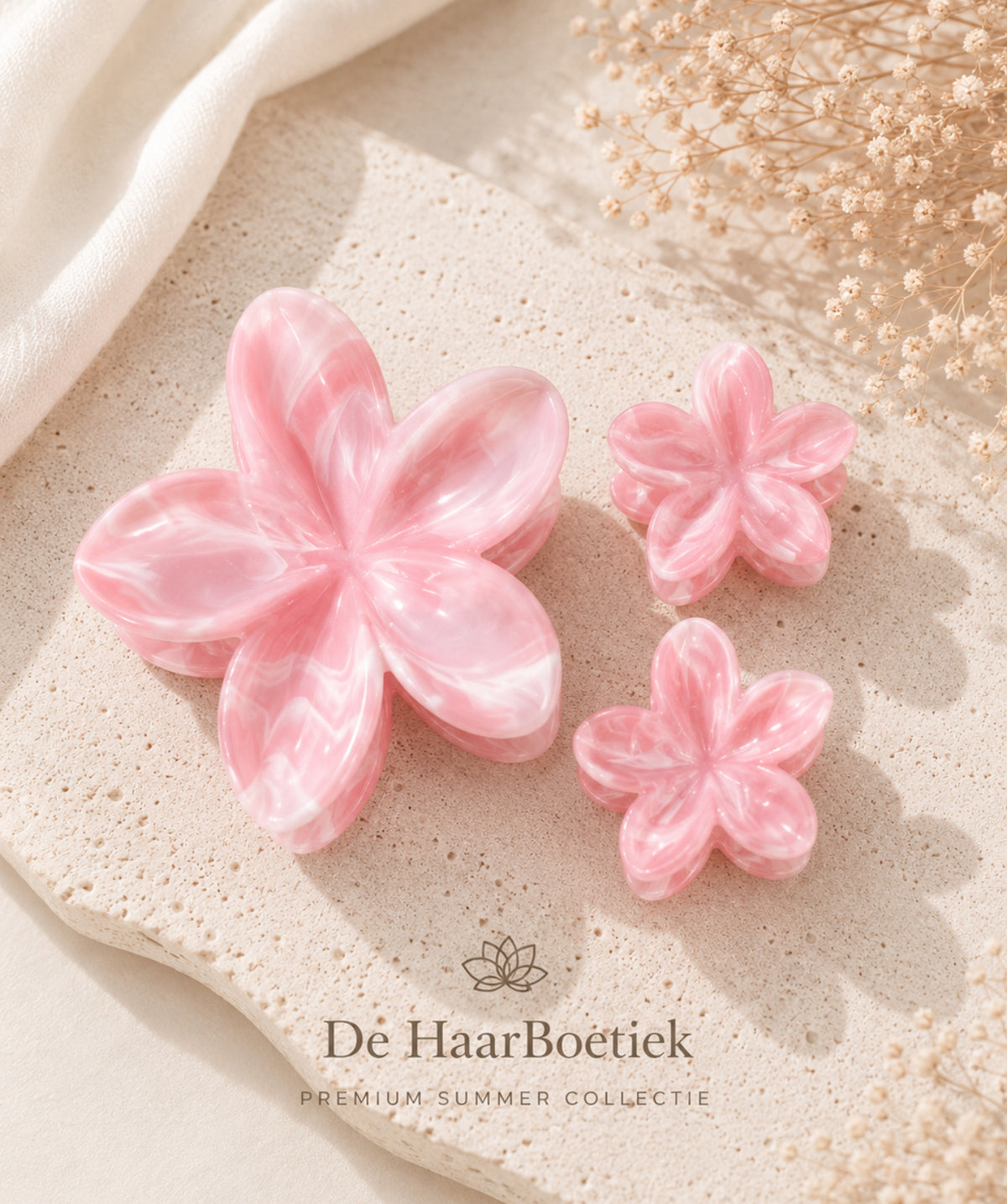 Summer flower marble roze haar clip set haaraccessoire voor zomerlooks - De HaarBoetiek