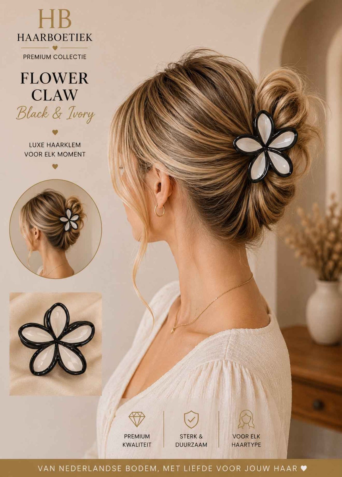 Summer bloem klem zwart wit haaraccessoire voor haar en braids - De HaarBoetiek