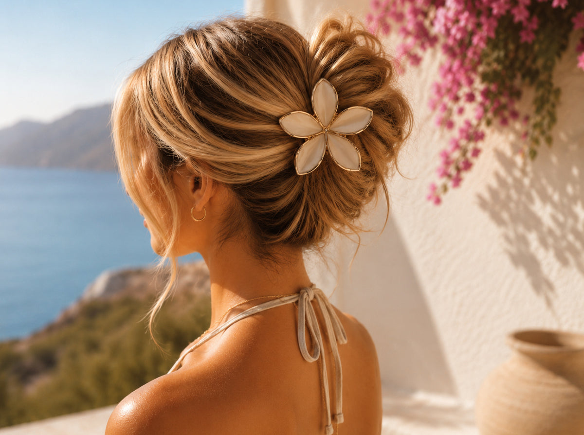 Summer flower haarclip set beige goud haaraccessoire – foto 1 - De HaarBoetiek
