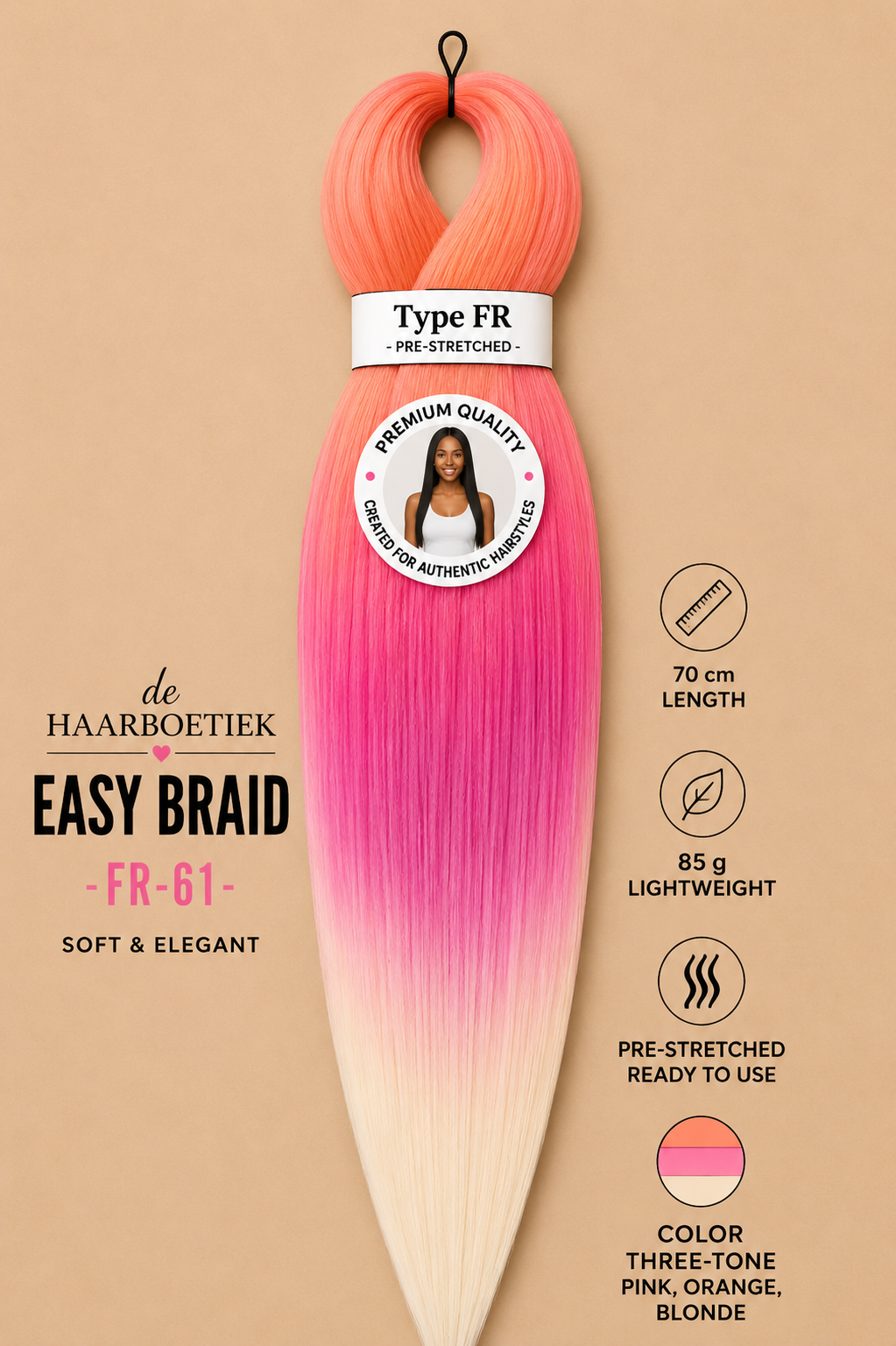 Easy braid invlechthaar roze, oranje en wit ombre