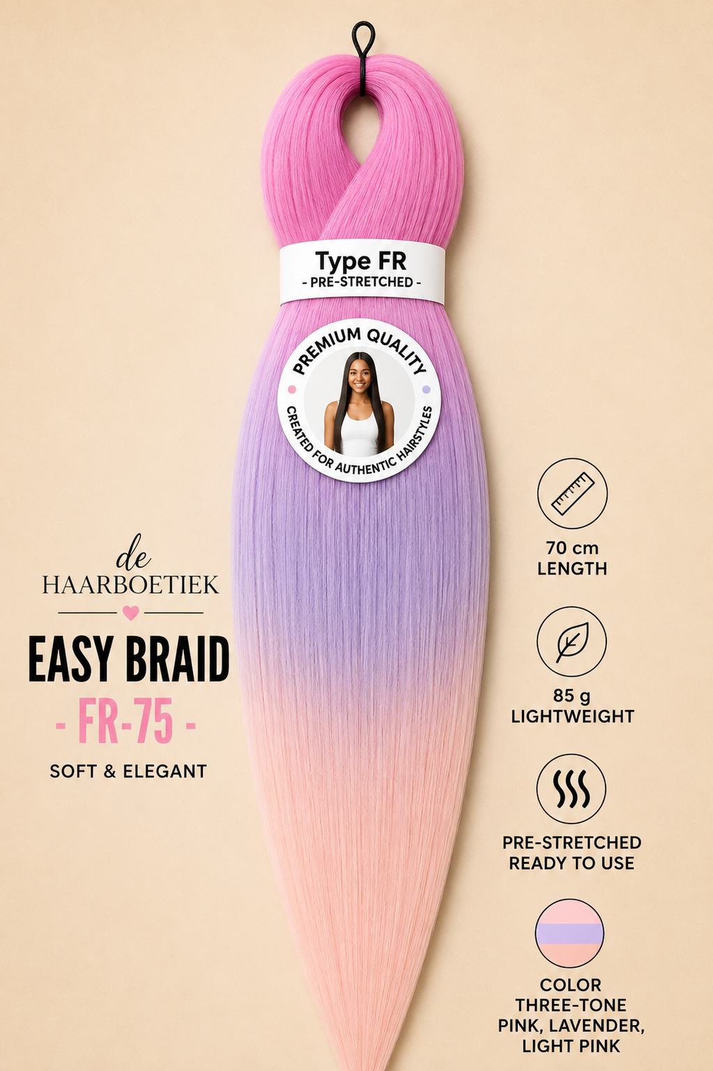 Easy braid invlechthaar roze, lila en licht roze ombre