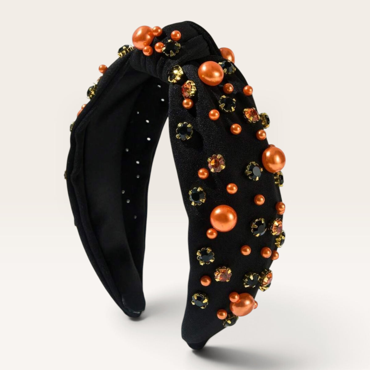 zwarte haarband met oranje parels en strass – dames haaraccessoire