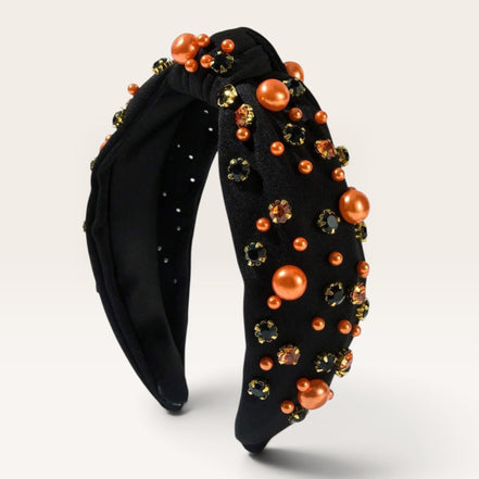 zwarte haarband met oranje parels en strass – dames haaraccessoire