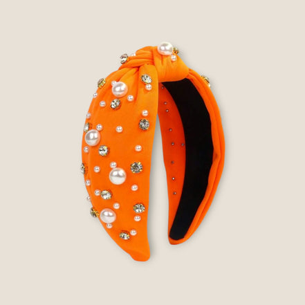 oranje haarband met parels en strass – dames haaraccessoire