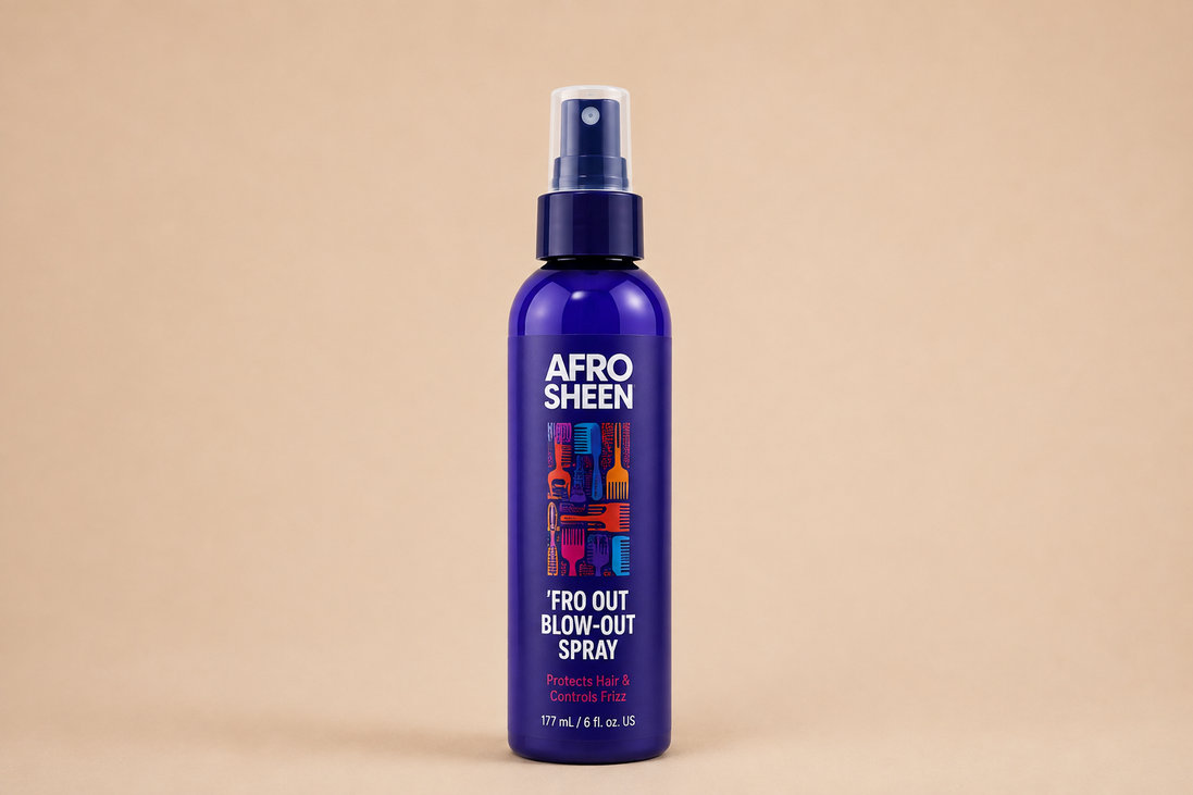Afro Sheen Fro Out Blow-Out Spray 177 ml op beige achtergrond