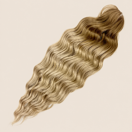 Anna golvend kanekalon invlechthaar goudblond TT10/24D, 60 cm en 100 gram op beige achtergrond