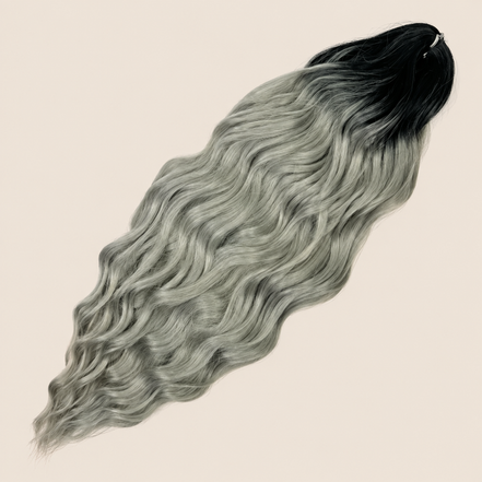 Anna golvend kanekalon invlechthaar zwart-zilver ombre TT1/STREEL2, 60 cm en 100 gram op beige achtergrond