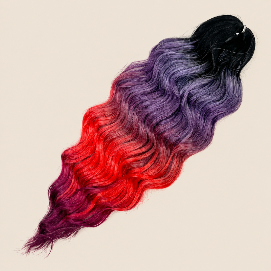 Anna golvend kanekalon invlechthaar zwart-paars-rood ombre TT-HPD011, 60 cm en 100 gram op beige achtergrond