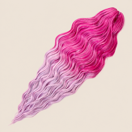 Anna golvend kanekalon invlechthaar fuchsia-lila ombre T-BPink15, 60 cm en 100 gram op beige achtergrond