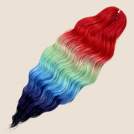 Anna golvend kanekalon invlechthaar rood-groen-blauw ombre TTRED/HPD139, 60 cm en 100 gram op beige achtergrond