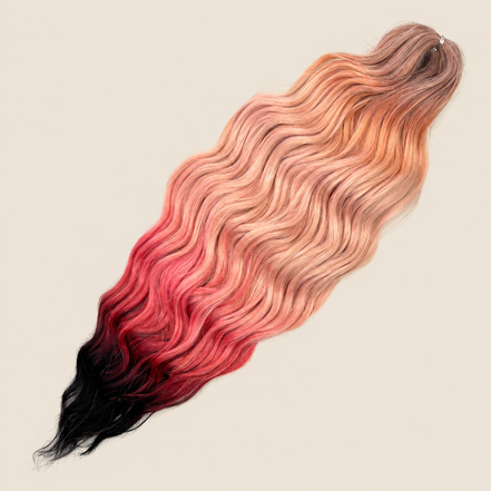Anna golvend kanekalon invlechthaar bruin-perzik-rood-zwart ombre HPD130, 60 cm en 100 gram op beige achtergrond