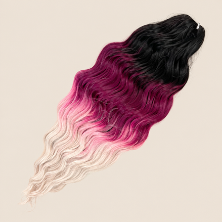 Anna golvend kanekalon invlechthaar zwart-paars-wit ombre 3T-PGrey11(S), 60 cm en 300 gram op beige achtergrond