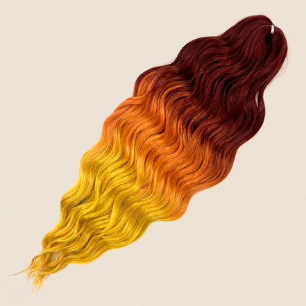 Anna golvend kanekalon invlechthaar bordeaux-oranje-geel ombre 3T-OYELLOW14, 60 cm en 300 gram op beige achtergrond