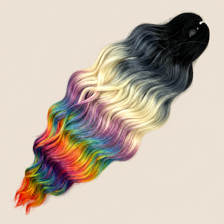 Anna golvend kanekalon invlechthaar zwart-regenboog ombre 3T-HPD116, 60 cm en 300 gram op beige achtergrond