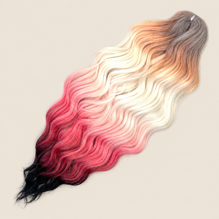 Anna golvend kanekalon invlechthaar grijs-blond-roze-zwart ombre White/HPD130, 60 cm en 100 gram op beige achtergrond