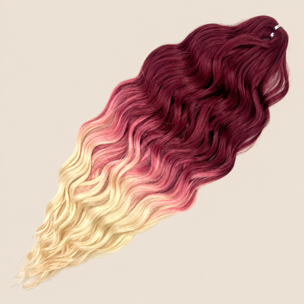 Anna golvend kanekalon invlechthaar bordeaux-roze-blond ombre TT-RED/613, 60 cm en 100 gram op beige achtergrond