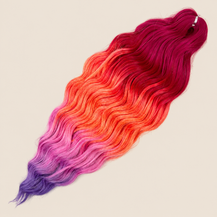 Anna golvend kanekalon invlechthaar bordeaux-oranje-paars ombre TT-PINK1/HPD157, 60 cm en 100 gram op beige achtergrond