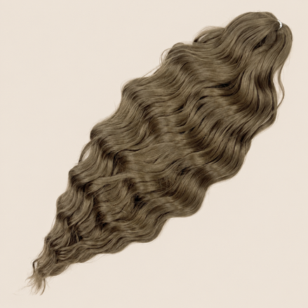 Anna golvend kanekalon invlechthaar asbruin 16, 60 cm en 300 gram op beige achtergrond