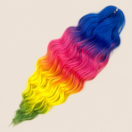 Anna golvend kanekalon invlechthaar blauw-roze-geel-groen ombre 4TW-BPYG, 60 cm en 300 gram op beige achtergrond