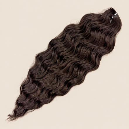Anna golvend kanekalon invlechthaar donkerbruin mix P10/10A, 60 cm en 100 gram op beige achtergrond