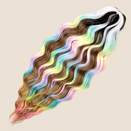 Anna golvend kanekalon invlechthaar pastel multicolor mix TTP-001, 60 cm en 100 gram op beige achtergrond