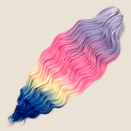 Anna golvend kanekalon invlechthaar lila-roze-geel-blauw ombre HPD131, 60 cm en 100 gram op beige achtergrond