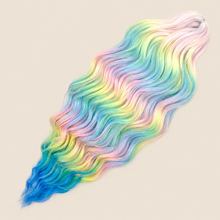 Anna golvend invlechthaar 60 cm 100 g – Pastel regenboog met blauwe punten (HPD161) – De HaarBoetiek