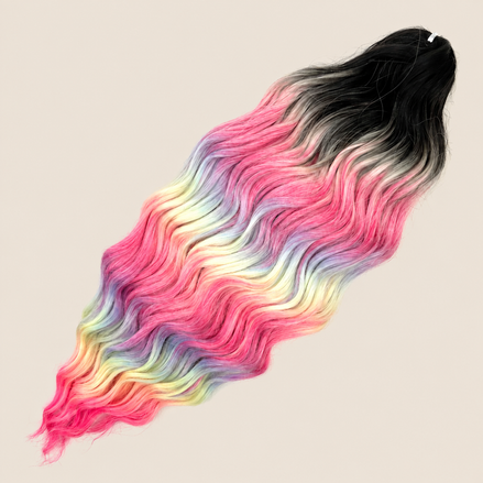 Anna golvend kanekalon invlechthaar zwart-pastel regenboog TT4/HPD152, 60 cm en 100 gram op beige achtergrond
