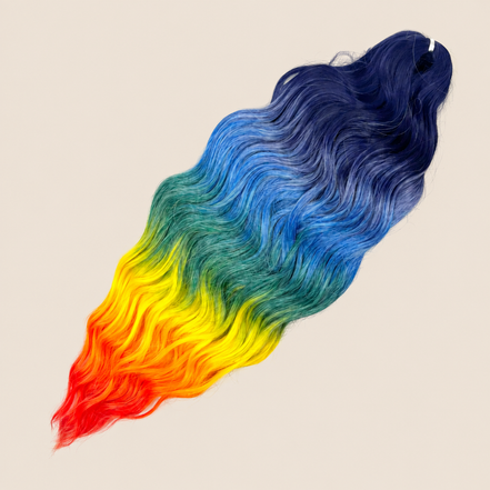 Anna golvend kanekalon invlechthaar blauw-regenboog ombre TTBP/HPD120, 60 cm en 100 gram op beige achtergrond