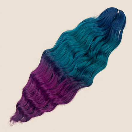 Anna golvend kanekalon invlechthaar turquoise-paars ombre 3T-BL7/GB6/PP5, 60 cm en 300 gram op beige achtergrond