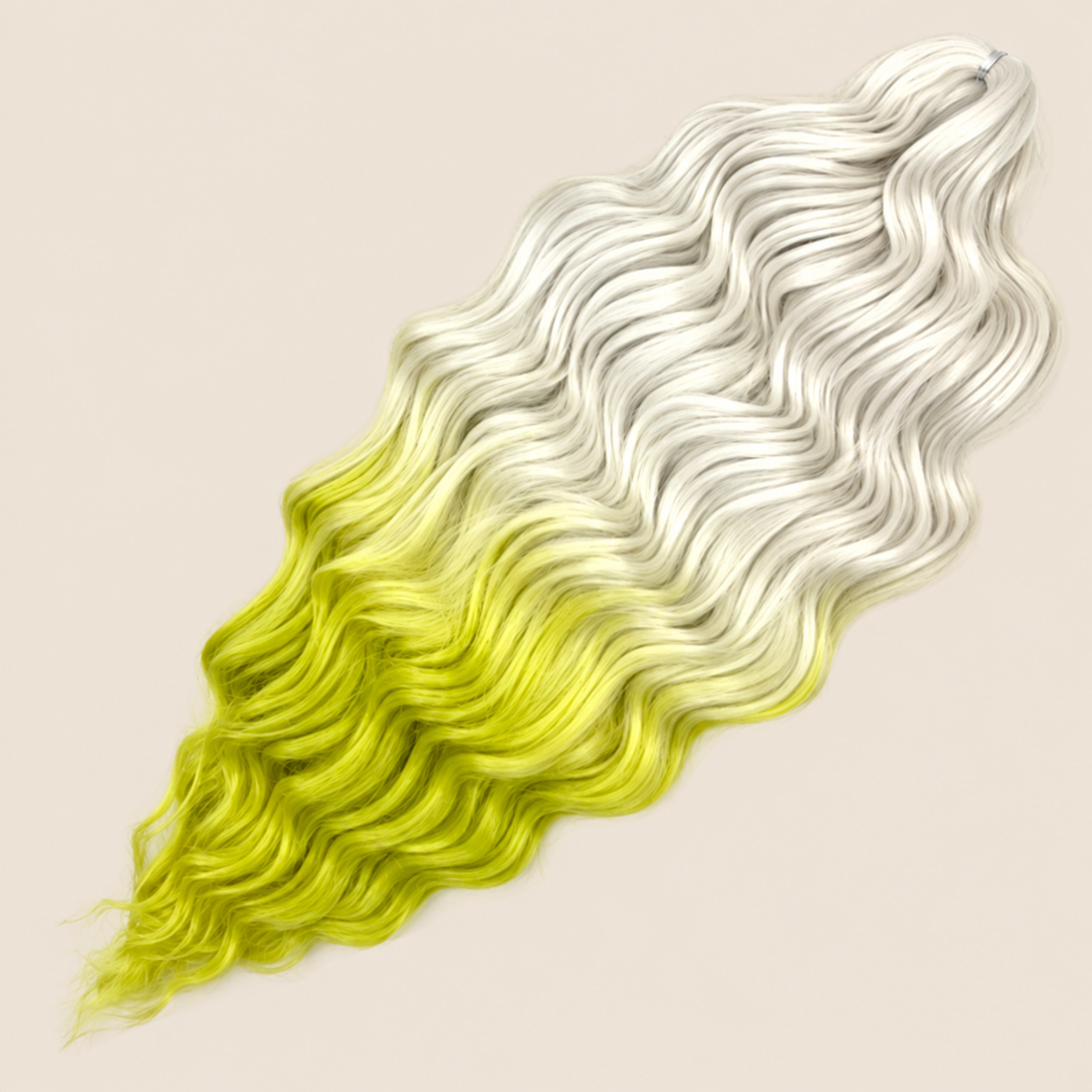 Anna golvend kanekalon invlechthaar wit-neongeel ombre TT1001D/Lemon, 60 cm en 100 gram op beige achtergrond