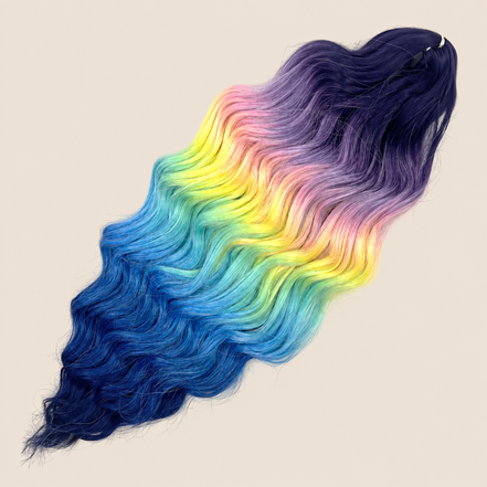 Anna golvend kanekalon invlechthaar paars-regenboog ombre TTDP-HPD019, 60 cm en 100 gram op beige achtergrond