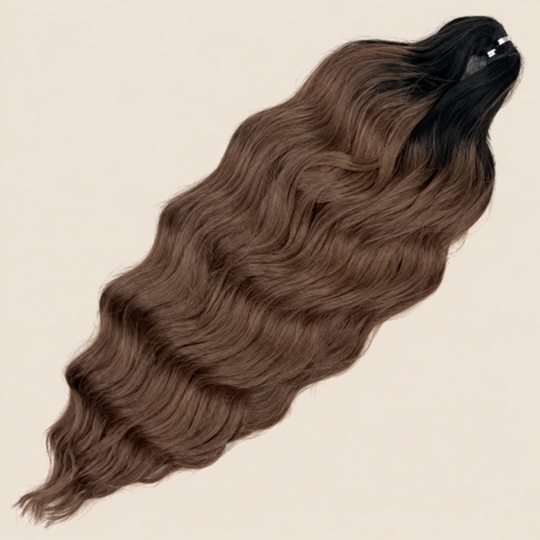 Anna golvend kanekalon invlechthaar donkerbruin mix TT1B/Brown117, 60 cm en 100 gram op beige achtergrond