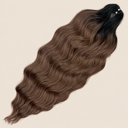 Anna golvend kanekalon invlechthaar donkerbruin mix TT1B/Brown117, 60 cm en 100 gram op beige achtergrond