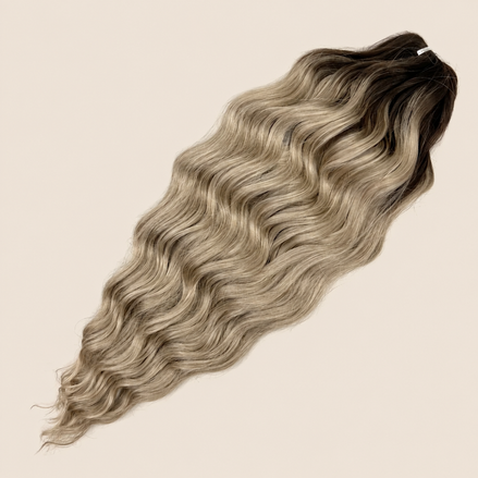 Anna golvend kanekalon invlechthaar donkerbruin-asblond ombre TT-LINEN(322), 60 cm en 100 gram op beige achtergrond