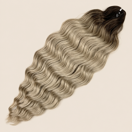 Anna golvend kanekalon invlechthaar donkerbruin-asblond ombre TT-LINEN(324), 60 cm en 100 gram op beige achtergrond
