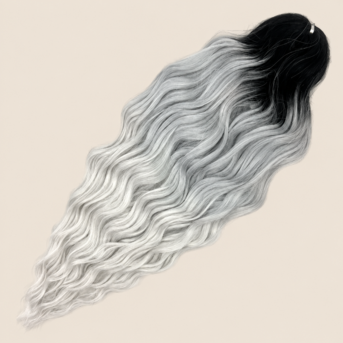 Anna golvend kanekalon invlechthaar zwart-zilver ombre TT1B/T2-GREY, 60 cm en 100 gram op beige achtergrond