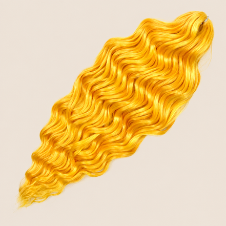 Anna golvend kanekalon invlechthaar geel YELLOW, 60 cm en 100 gram op beige achtergrond
