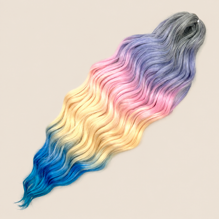 Anna golvend invlechthaar 60 cm 100 g – Grijs-lila-roze-geel-blauw ombre (HPD015) – De HaarBoetiek