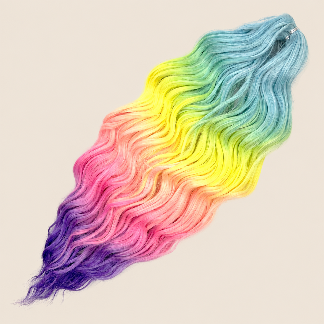 Anna golvend invlechthaar 60 cm 100 g – Blauw-geel-roze-paars ombre (HPD124) – De HaarBoetiek