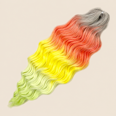 Anna golvend invlechthaar 60 cm 100 g – Grijs-oranje-geel-groen ombre (HPD029) – De HaarBoetiek