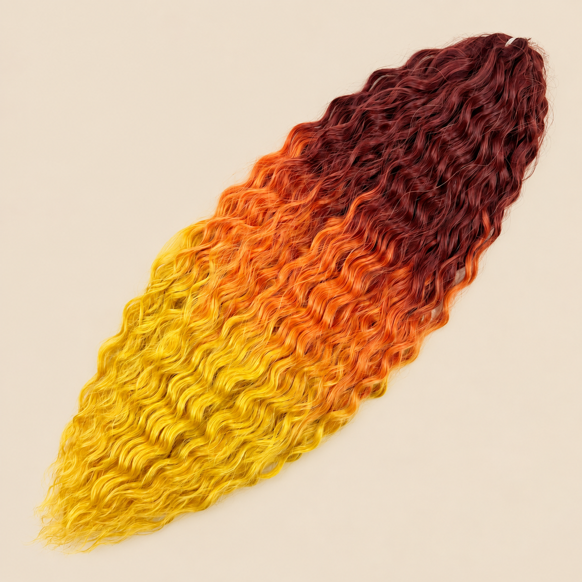 Ariel golvend kanekalon invlechthaar 55 cm 100 g, kleur 3T-OYellow14, op beige achtergrond