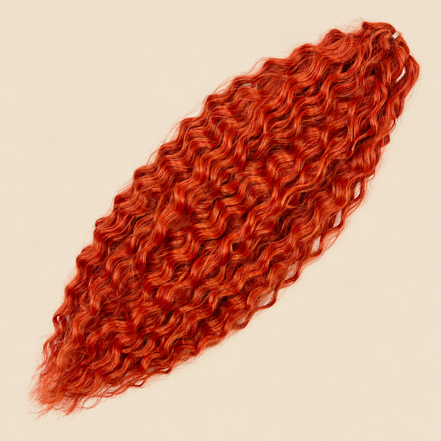 Ariel golvend kanekalon invlechthaar 55 cm 100 g, kleur Bronze29, op beige achtergrond