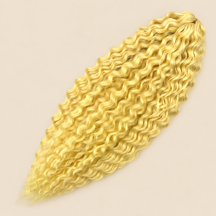 Ariel golvend kanekalon invlechthaar 55 cm 100 g, geel (kleur L-YELLOW12), op beige achtergrond
