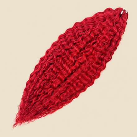Ariel golvend kanekalon invlechthaar 55 cm 100 g, rood (kleur Red6), op beige achtergrond