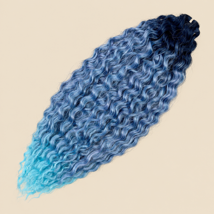 Ariel golvend kanekalon invlechthaar 55 cm 100 g, kleur TT-BV/T2-PBlue15, op beige achtergrond