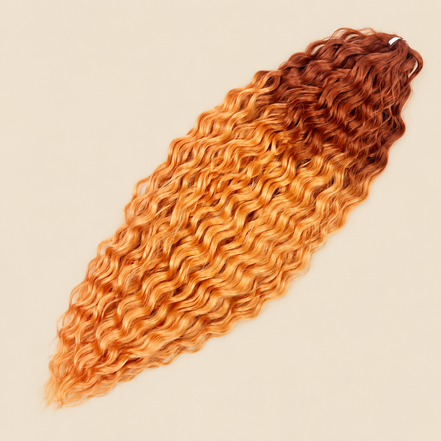 Ariel golvend kanekalon invlechthaar 55 cm 100 g, oranje ombre (kleur TT-GORANGE4), op beige achtergrond