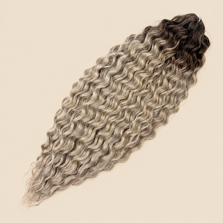 Ariel golvend kanekalon invlechthaar 55 cm 100 g, grijs ombre (kleur TT-IGRAY5), op beige achtergrond