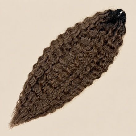 Ariel golvend kanekalon invlechthaar 55 cm 100 g in zwart/bruin ombre (kleur TT1B/DBROWN17) op beige achtergrond