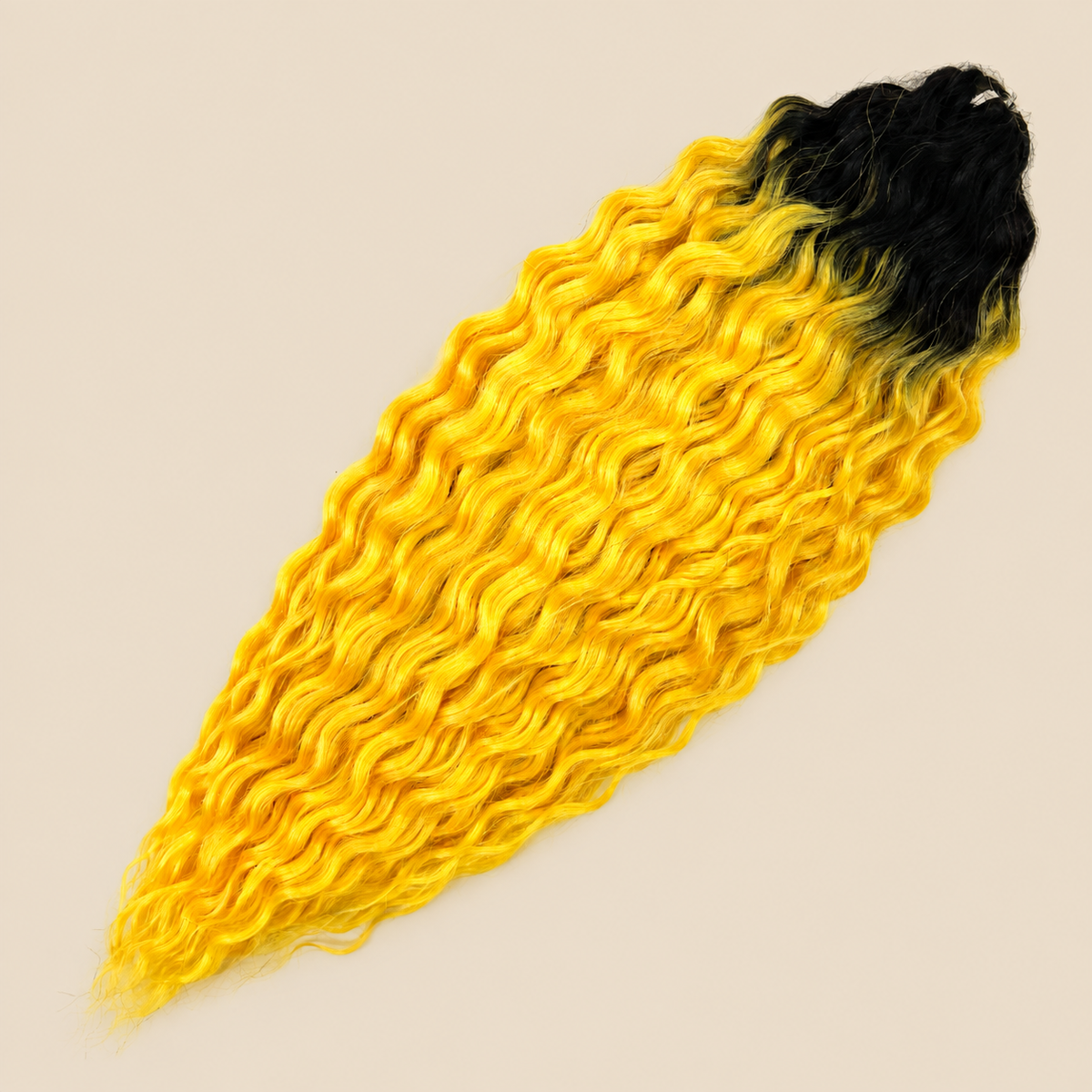Ariel golvend kanekalon invlechthaar 55 cm 100 g in zwart/geel ombre (kleur TT1B/DYELLOW) op beige achtergrond
